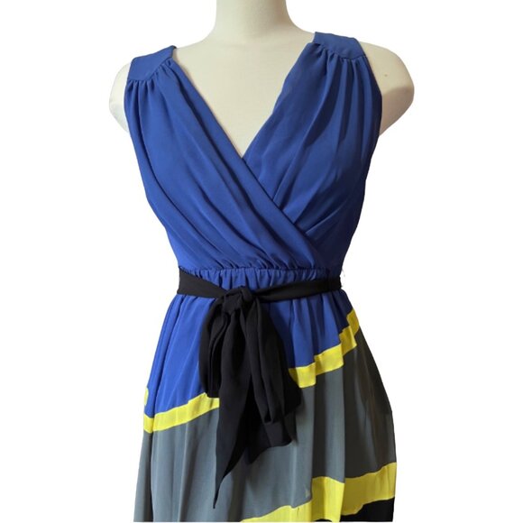 Max and Cleo Sheer Asymmetrical Dress Sz 4 (Small) Striped Blue, Yellow, & Gray - Picture 4 of 15